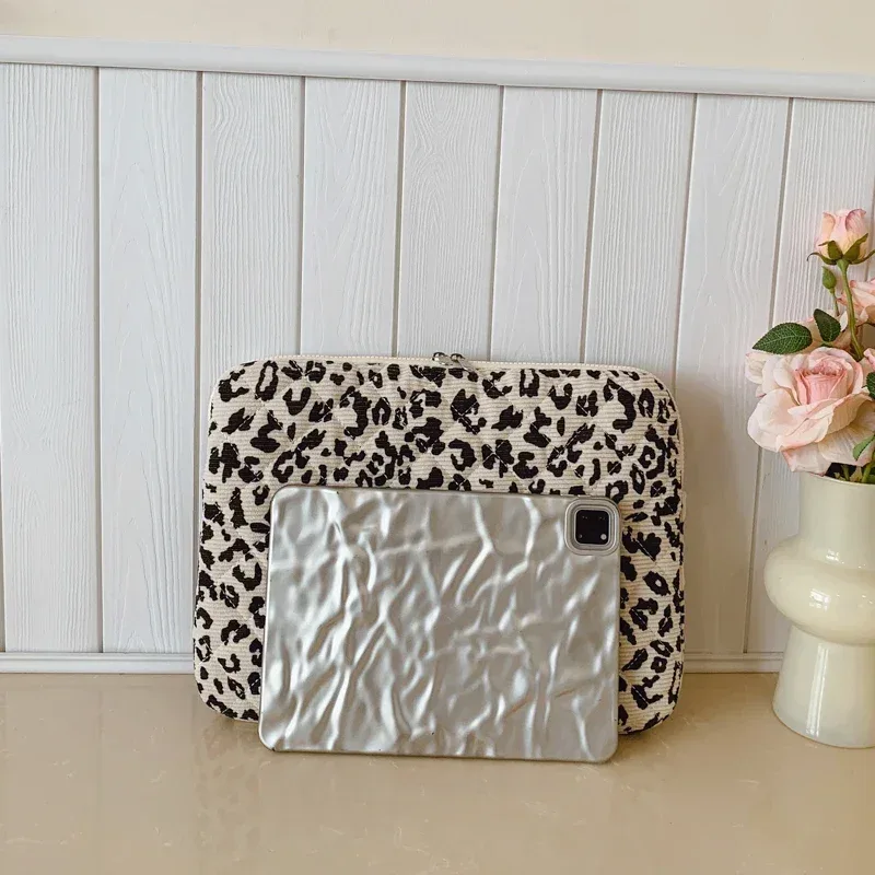sac de rangement pour ordinateur portable en velours côtelé, décoration décontractée à imprimé léopard, 11/13/15 pouces, adapté aux déplacements quotidiens