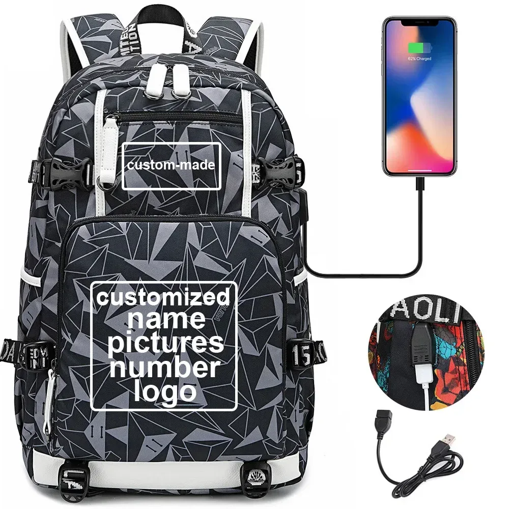 sac à dos en toile pour hommes et femmes, imprimé personnalisé, avec photo ou logo, pour enfants, garçons et filles, usb, pour ordinateur portable, grand sac de voyage