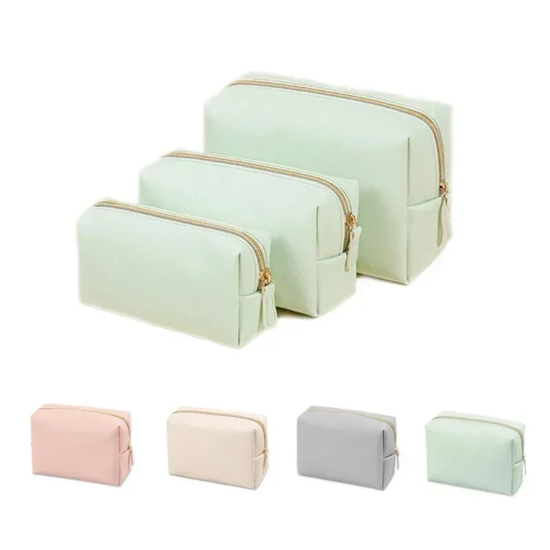 sac de maquillage pour femmes en cuir pu imperméable, couleur unie, trousse de toilette de voyage, organiseur de rangement cosmétique portable