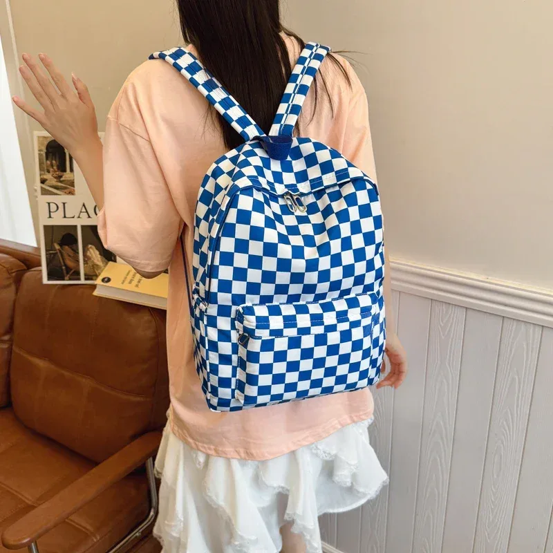 sac à dos pour ordinateur portable à motif damier pour femme, ensemble bandoulière imprimé tendance, multi-poches, bretelles réglables – indispensable pour les trajets sur le campus