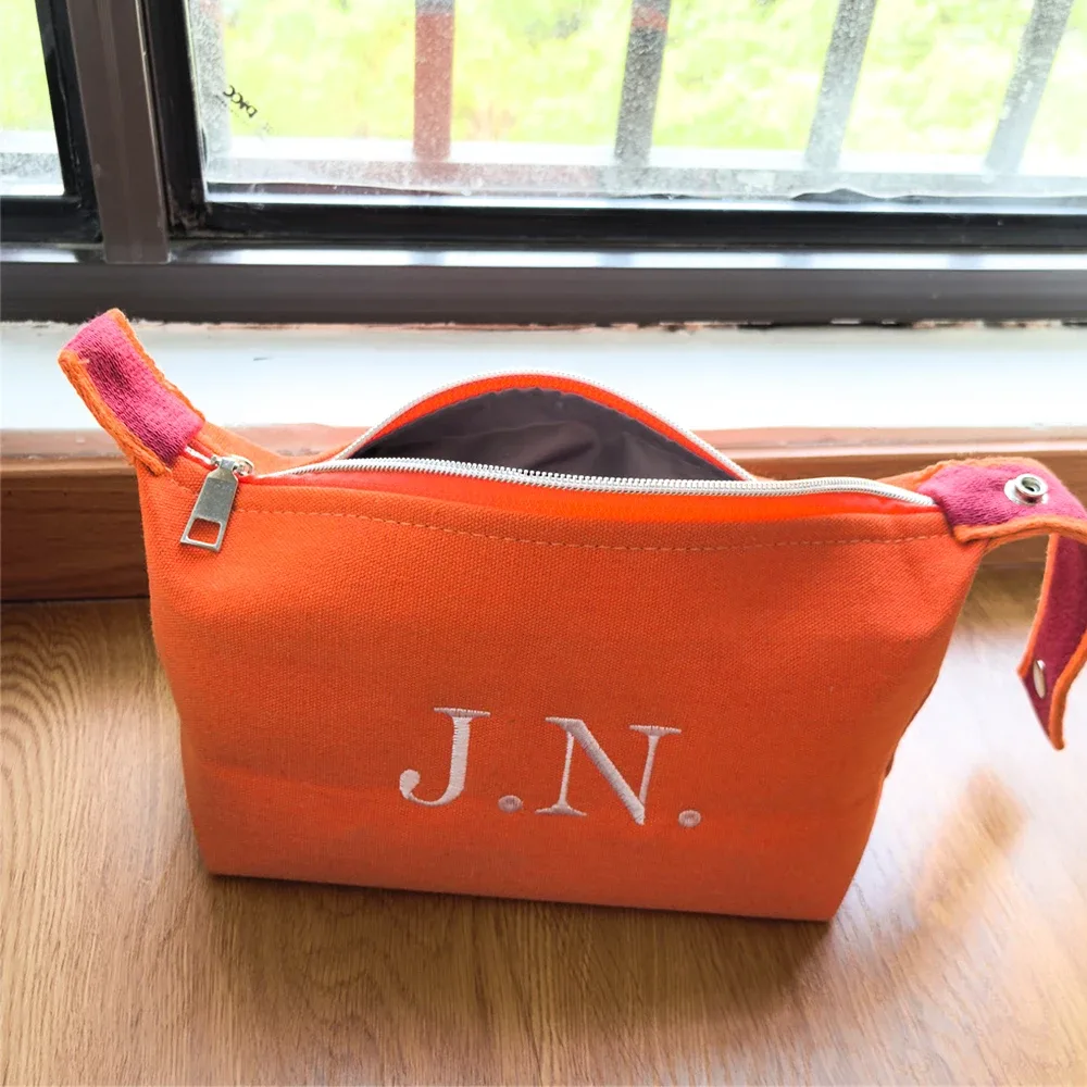 sac en toile à main pour femme, trousse de maquillage portable personnalisable avec nom, sac de rangement de voyage brodé avec nom, cadeau pour fille