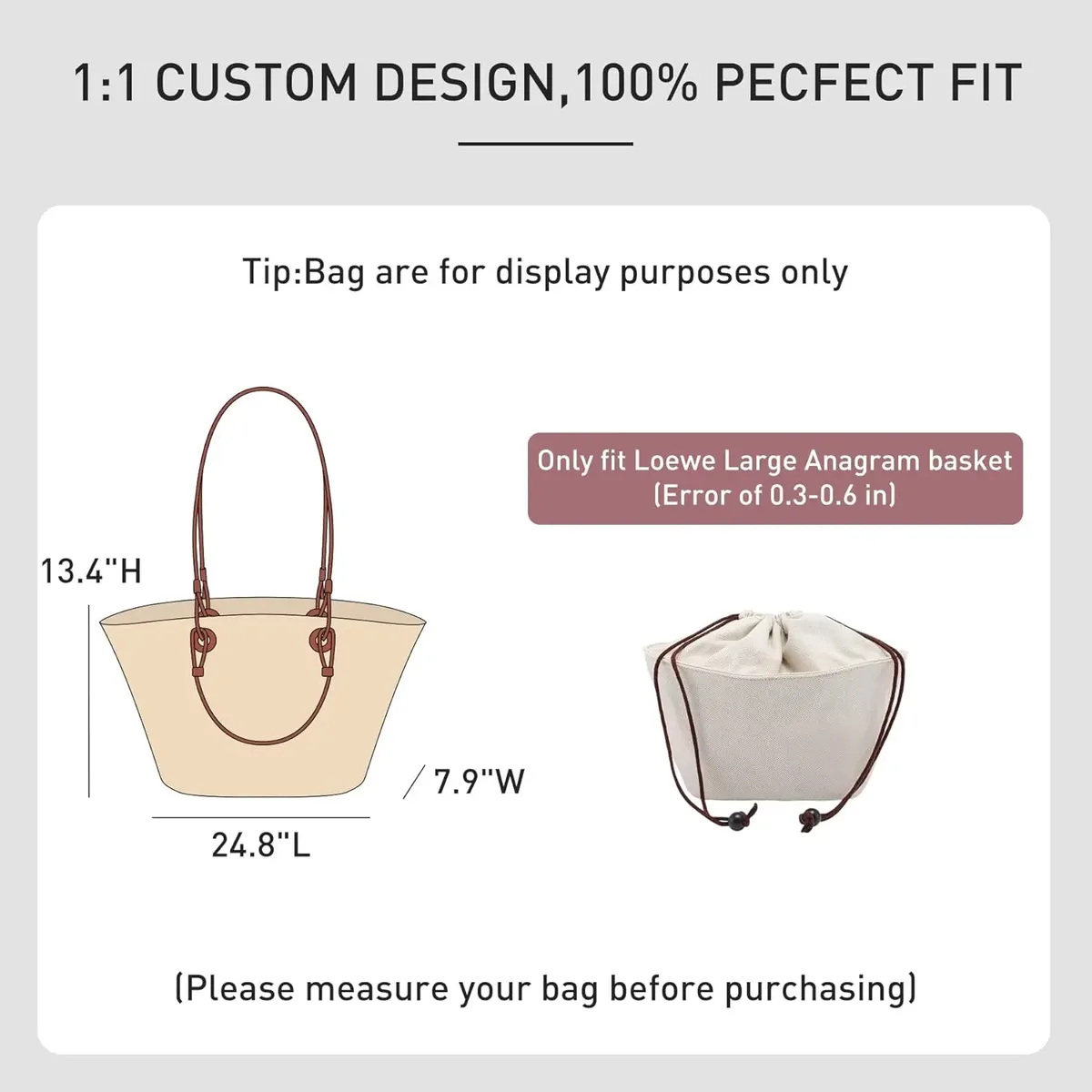 [sac non inclus] organisateur de sac à main pour le sac loewe small anagram basket, organisateur de sac en toile avec fermeture à cordon.