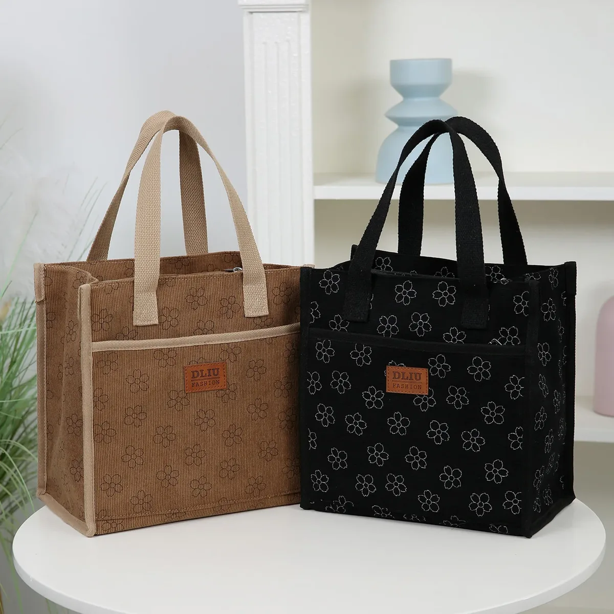 DLIU, Nouveau style, Matière en velours côtelé, Sac fourre-tout, Sac à lunch, Sac de rangement pour boîte à lunch, Doublé de feuille d'aluminium, Polyvalent pour les trajets quotidiens