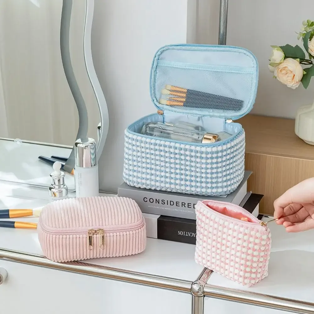 trousse de maquillage en velours côtelé tendance avec fermeture éclair, grande capacité, sac cosmétique de voyage portable, organisateur de rangement, trousse de toilette