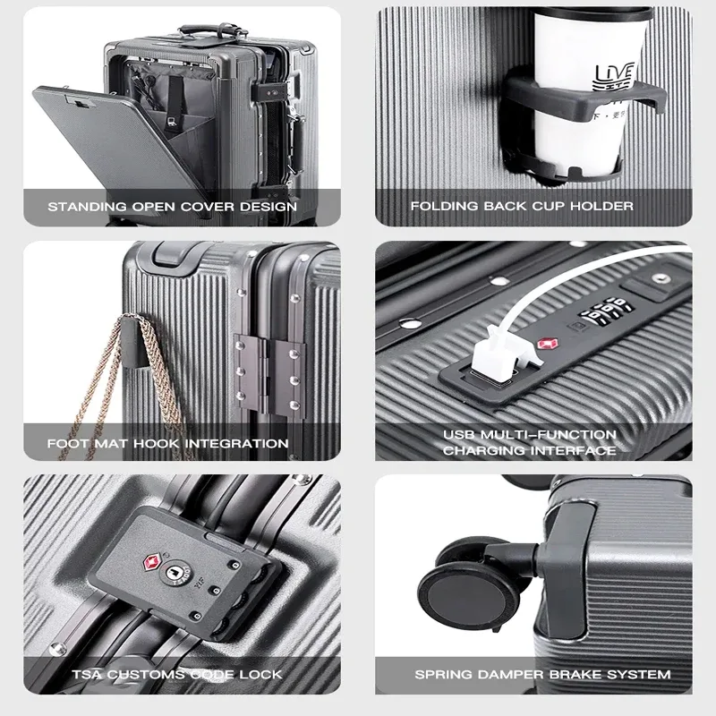 bagage à roulettes large pc haut de gamme, ouverture frontale, boîte d'embarquement multifonctionnelle pour femmes de 20 pouces et valise combinée de 24 pouces pour hommes