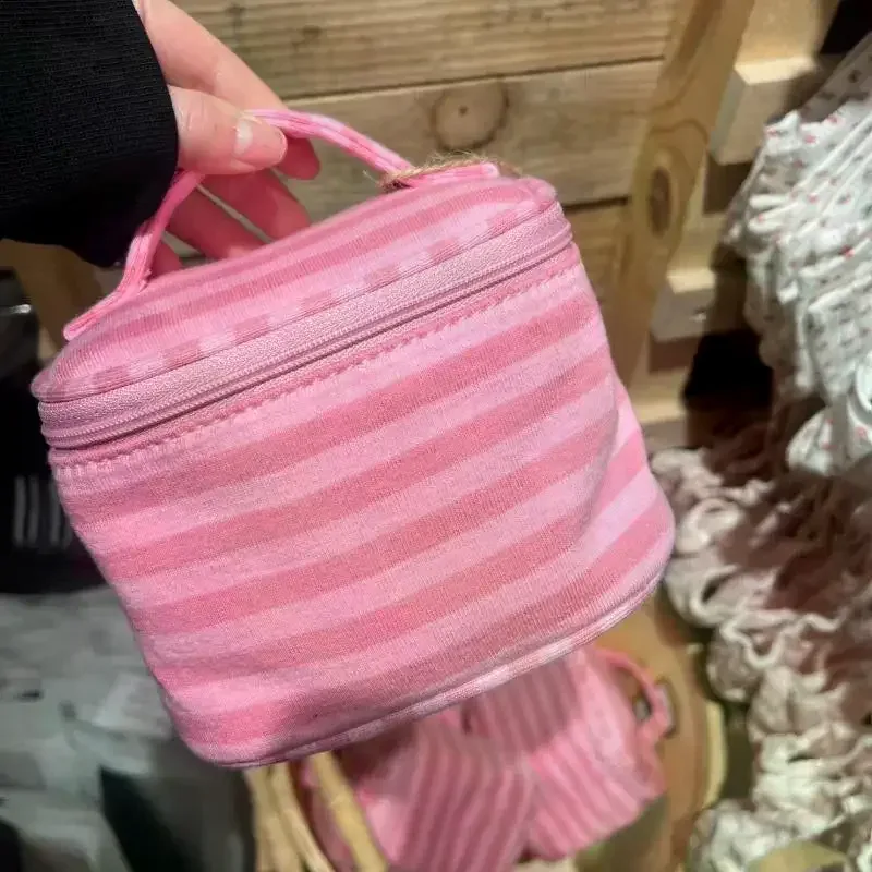 trousse de maquillage rose rayée avec miroir et fermeture éclair, sac de voyage portable pour femmes, organisateur cosmétique mignon et adorable, pochette de toilette