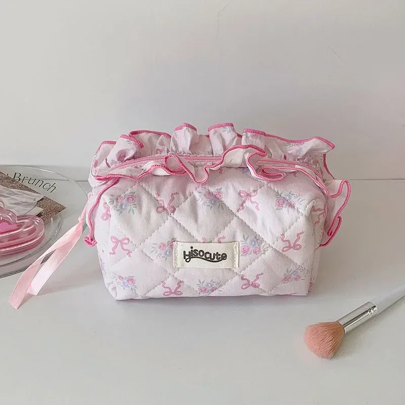 sacs à cosmétiques coréens avec nœud papillon et dentelle pour femmes, sac de maquillage doux à main, sacs de rangement d'articles de maquillage de voyage pour filles, mode