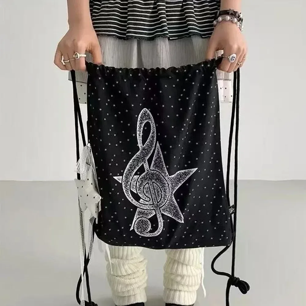sac à cordon à pois avec motif de notes de musique, sac à dos de sport décontracté, sac de rangement pour ballon de basket de grande capacité pour les voyages scolaires