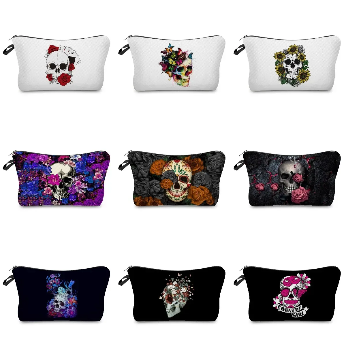 sacs à cosmétiques imprimés de crâne pour femmes, pochette de maquillage de personnalité, sac de rangement de voyage portable, étuis de rangement de rouge à lèvres, sac de maquillage à fermeture éclair