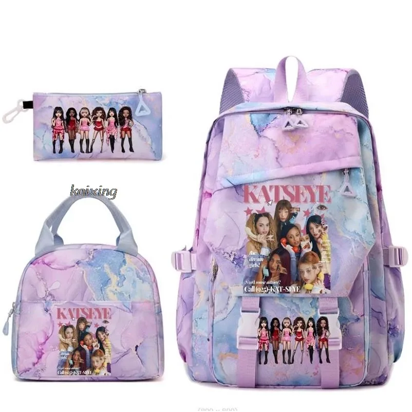 nouveaux sacs à dos katseye à imprimé amusant, 3 pièces/ensemble, sac d'école pour étudiants, sac de voyage pour adolescents, filles et garçons, sacs à lunch, sac à dos