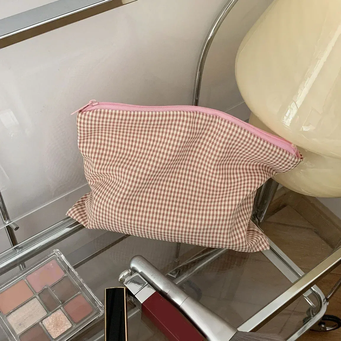 trousse de maquillage de voyage, pochette simple portable, sac à cosmétiques pour femmes, trousse de maquillage à carreaux, grande capacité, pochette en coton à fermeture éclair