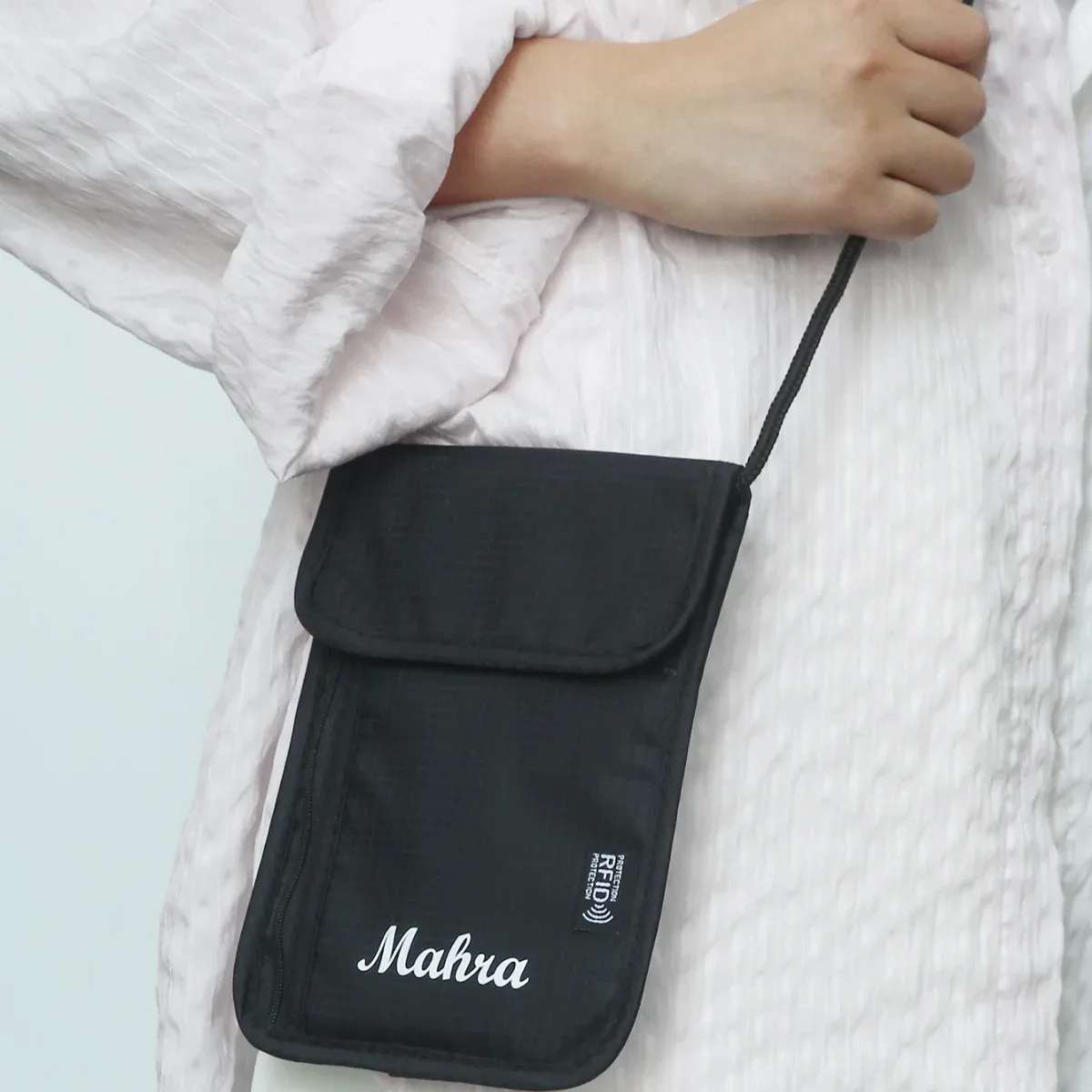 pochette de cou personnalisée anti-rfid pour passeport, sac de voyage en nylon anti-radiation, portefeuille de cou portable, porte-cartes d'identité bandoulière