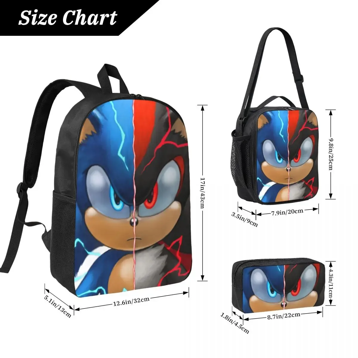 sac à dos sonic shadow pour garçons et filles, sac d'école, sac à bandoulière pour ordinateur portable, sac à déjeuner isotherme, trousse à crayons, 3 pièces