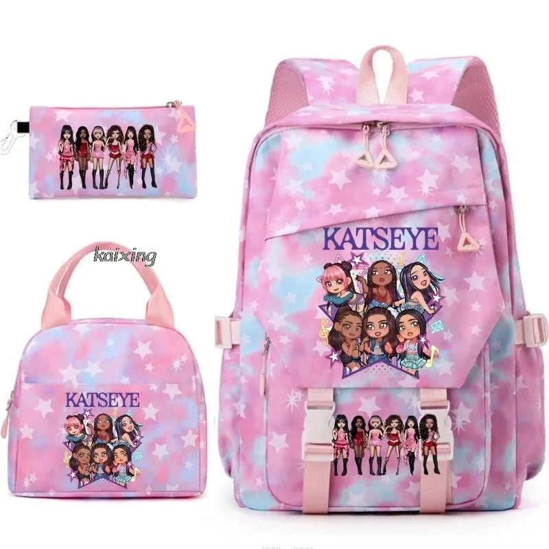 nouveaux sacs à dos katseye à imprimé amusant, 3 pièces/ensemble, sac d'école pour étudiants, sac de voyage pour adolescents, filles et garçons, sacs à lunch, sac à dos