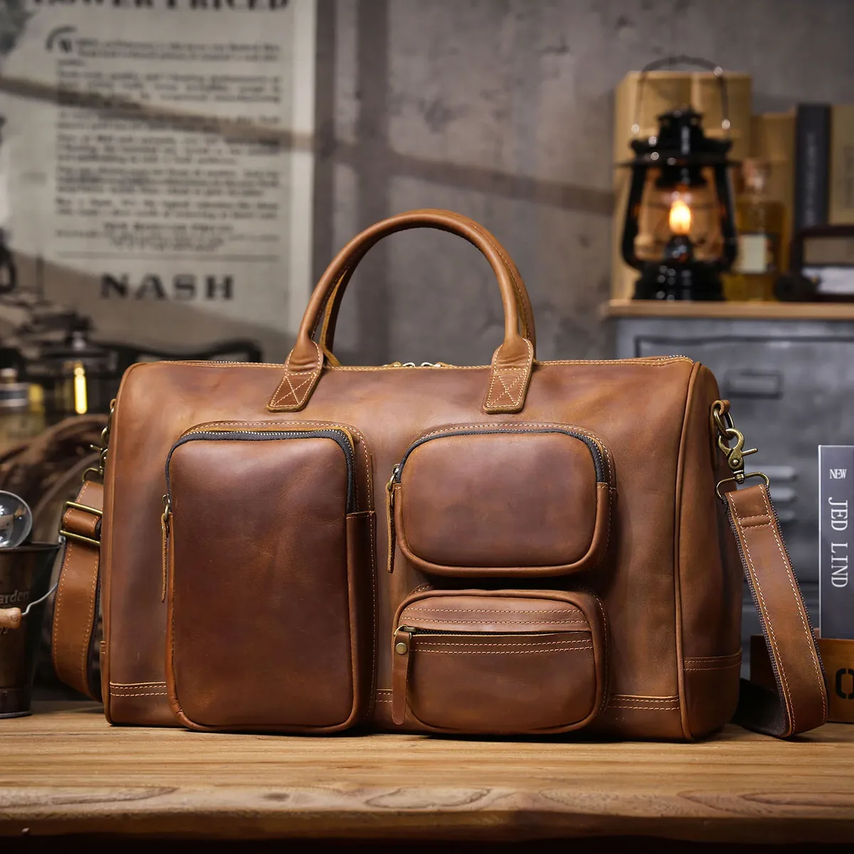 sac de voyage décontracté vintage en cuir de vache crazy horse pour hommes, sac de voyage de grande capacité de luxe de haute qualité en cuir véritable multi-poches