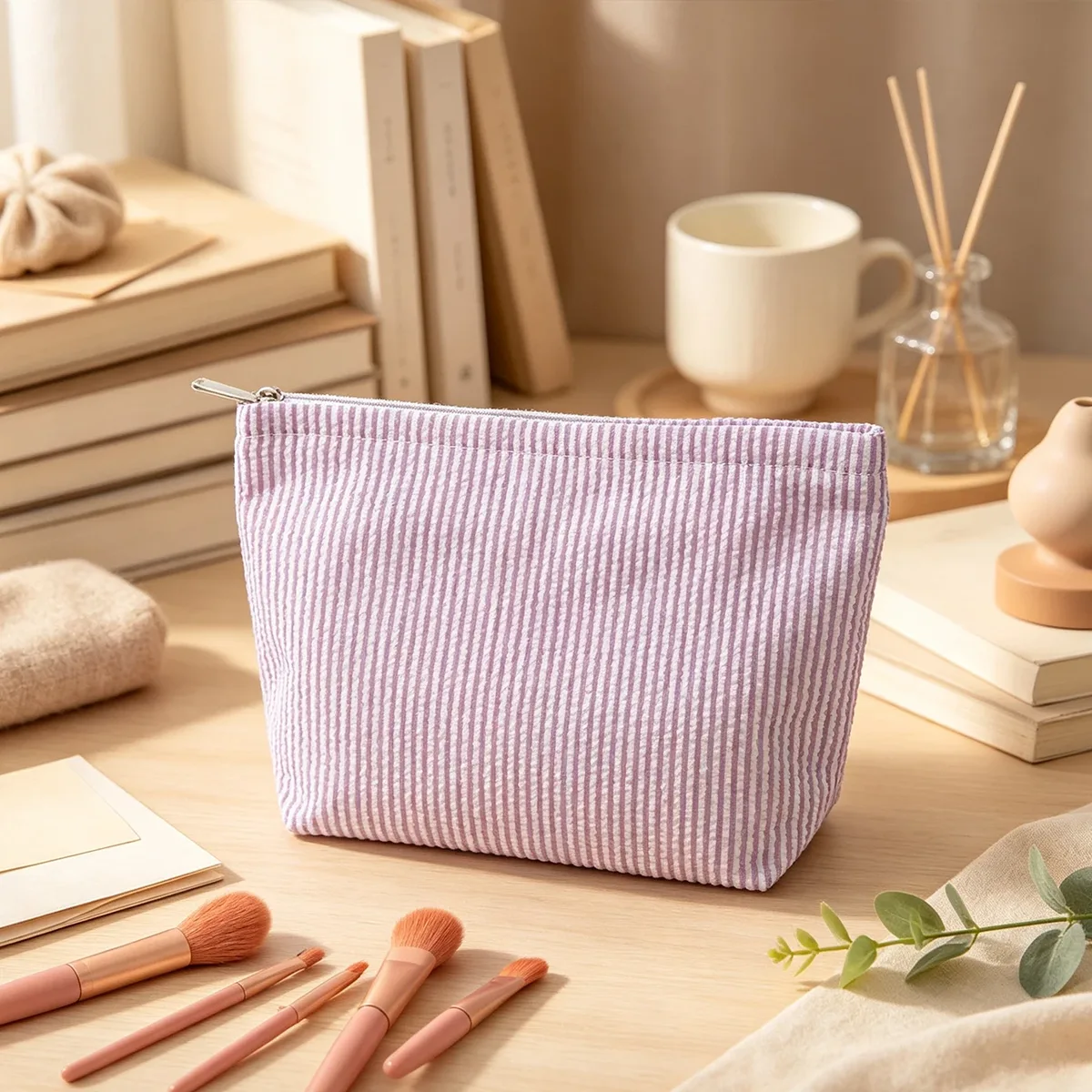 pochette à maquillage personnalisée en seersucker, pochette cosmétique en chenille avec nom, trousse de toilette de voyage, cadeau pour elle