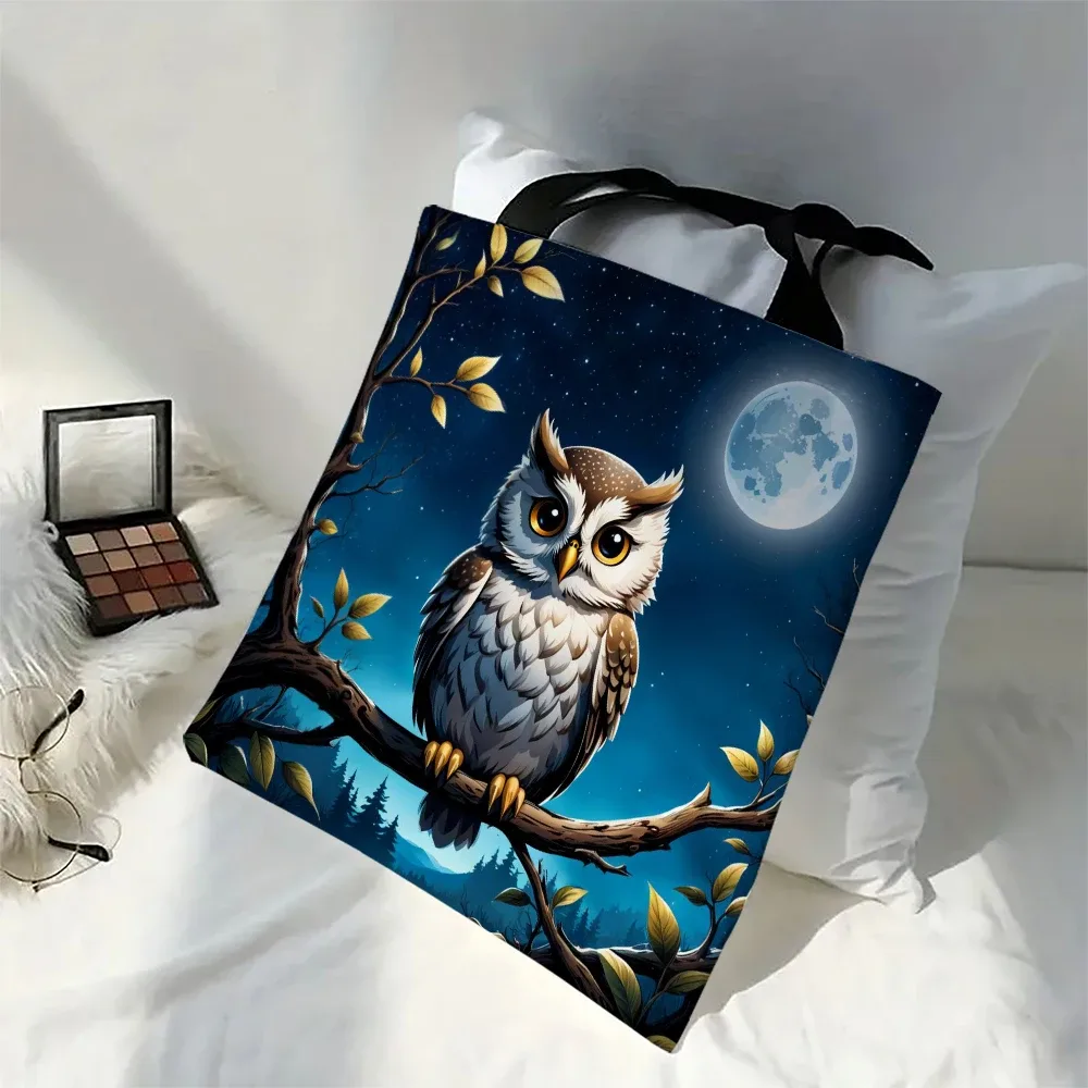 sac de shopping décontracté pour femmes, 1 pièce, hibou de dessin animé, design imprimé animal, sac à bandoulière pliable portable, sacs cadeaux pour amis et enseignants