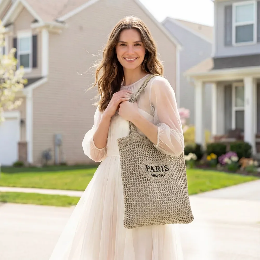 sac fourre-tout en crochet pour femmes, sac de plage en maille crochetée, sac esthétique bohème pour les vacances d'été, sac en tricot pour femmes