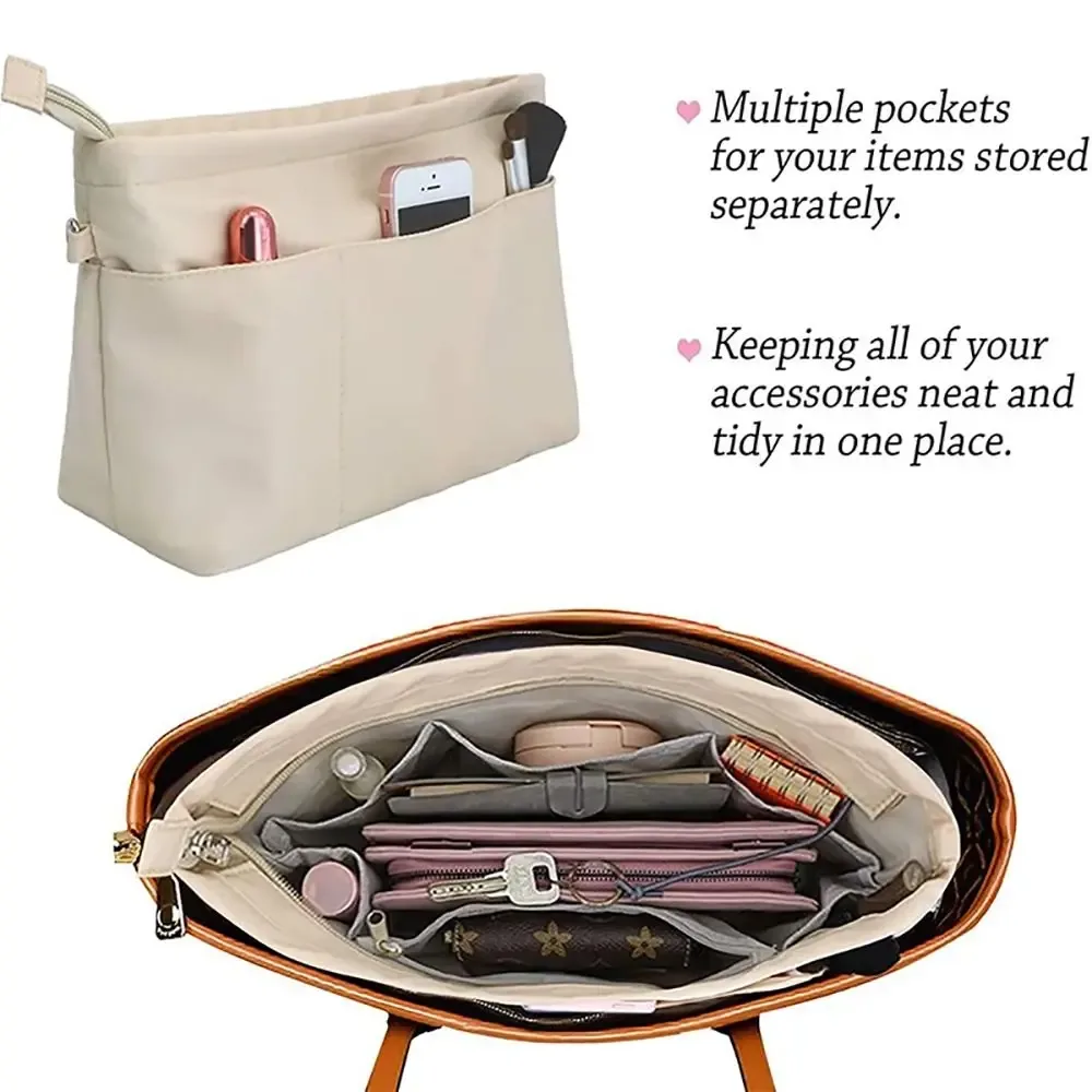 organisateur voyage nylon beige multipoches accessoires maquillage transport portable compartiments séparés poignée supérieure capacité grande