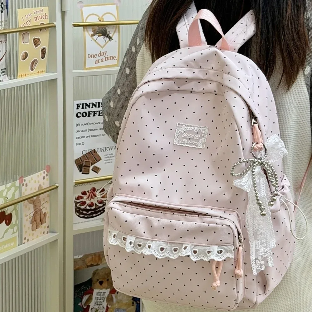 sac à dos de voyage à pois tendance avec dentelle, grande capacité, cartable d'étudiant, sac à dos multi-poches en nylon pour ordinateur portable
