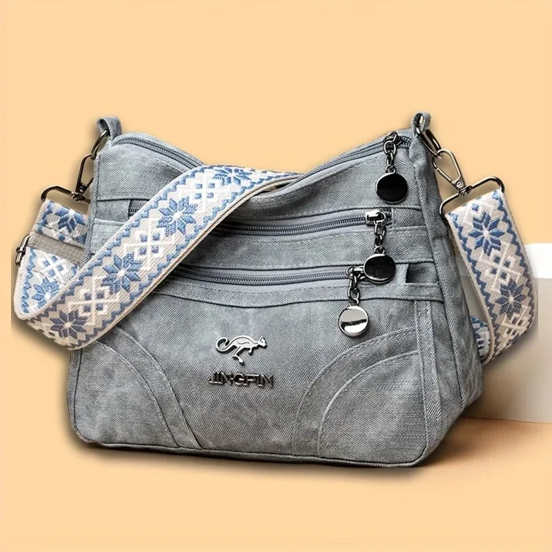 sac à bandoulière spacieux multi-poches pour femme, sac à bandoulière vintage en cuir souple avec sangle à motif ethnique pour la vie quotidienne