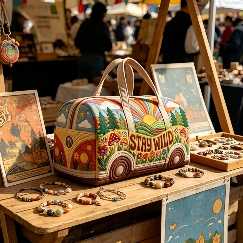sac de voyage matelassé 3d style hippie, sac de voyage van « stay wild », sac de week-end style bohème pour voyage, gym, shopping