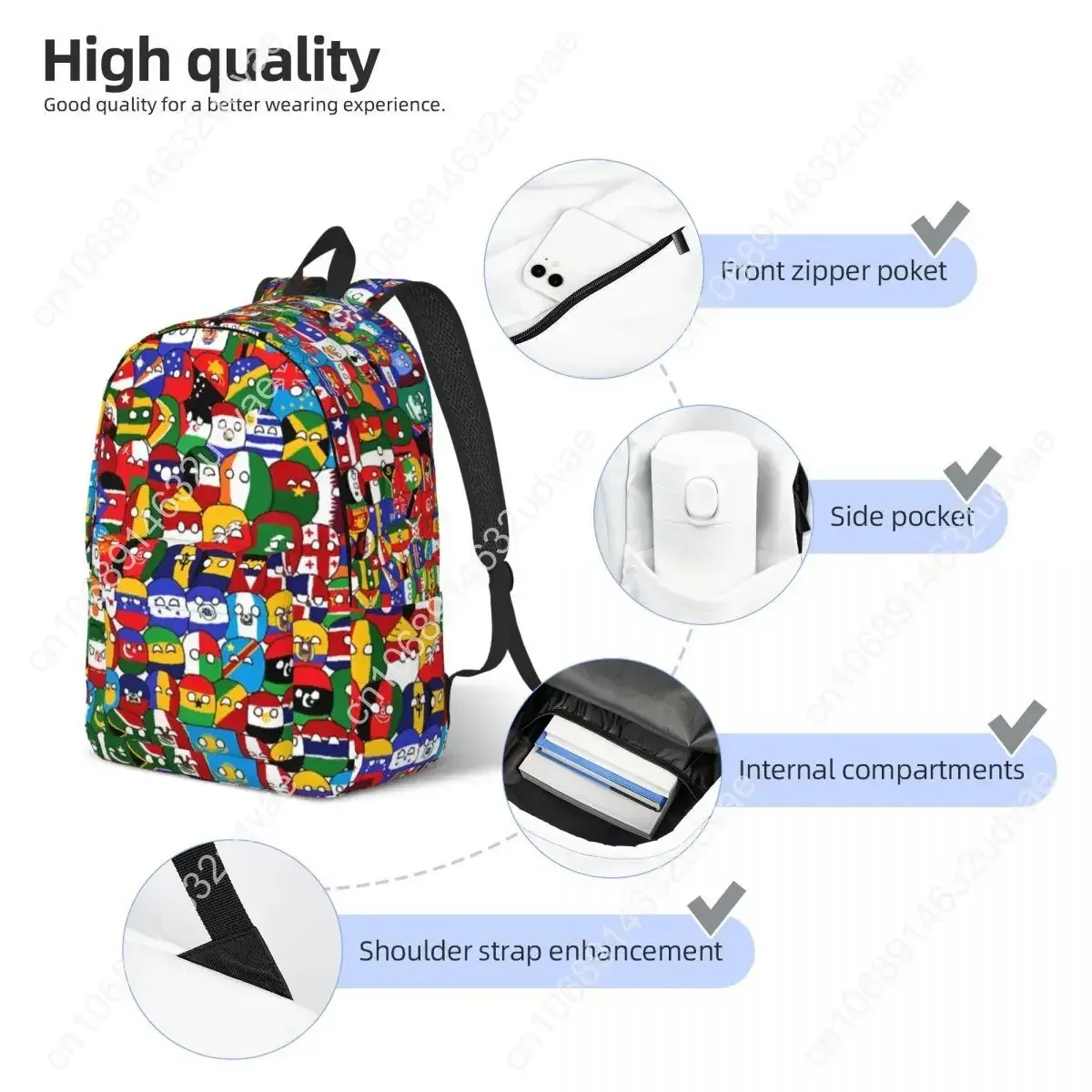sac à dos de dessin animé countryball, sac à livres scolaire, sac à dos en toile avec motifs de pays et de la terre, sac pour la maternelle et la préscolaire