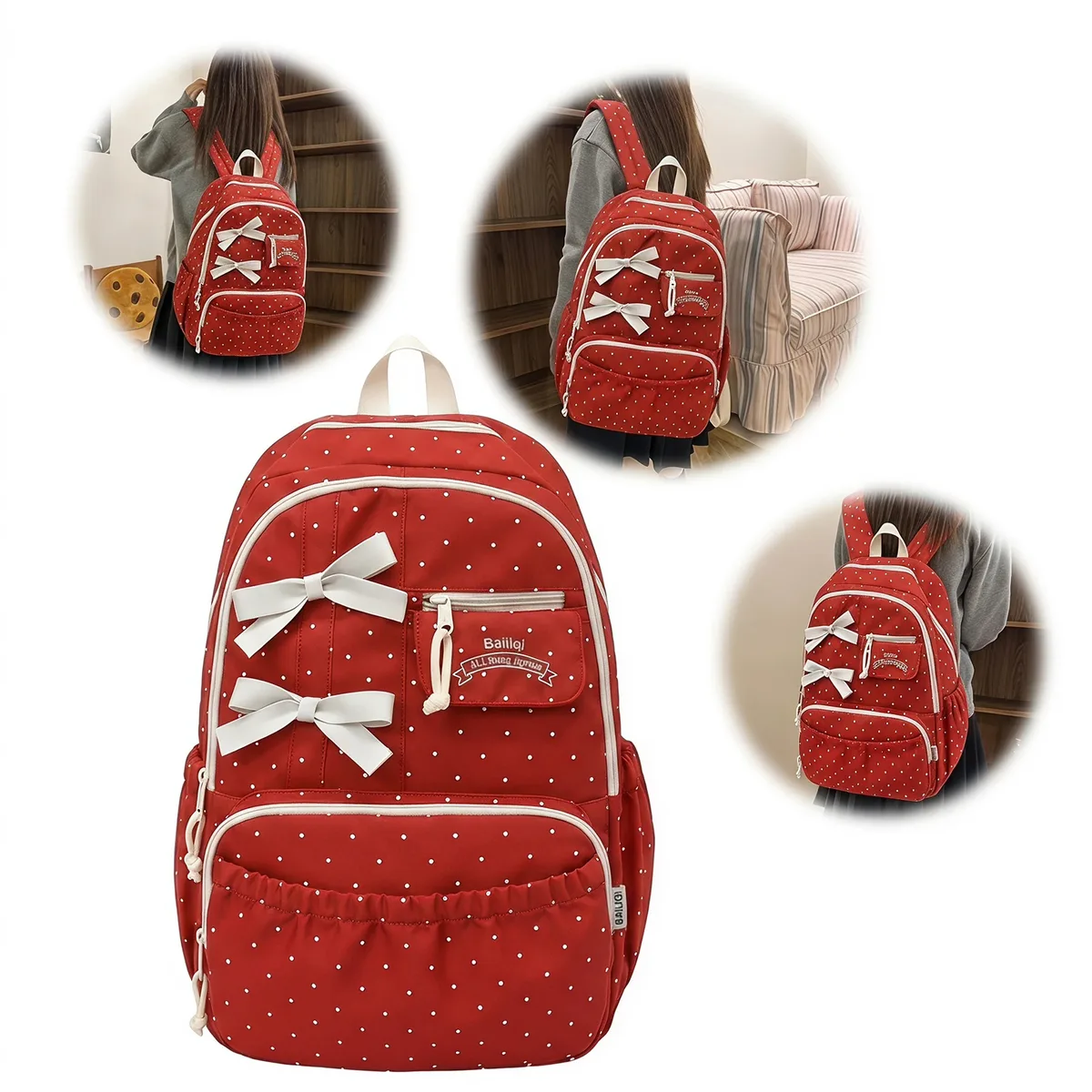 sac mignon et kawaii pour filles, sac à dos esthétique à pois et nœud, léger, multi-compartiments, bretelles respirantes