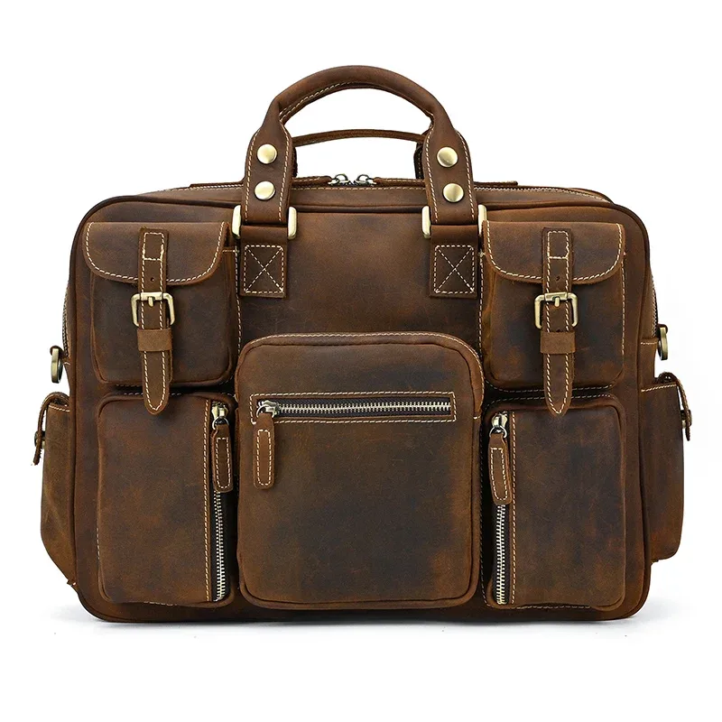 Serviette Vintage en cuir de cheval fou pour hommes, grand ordinateur portable, sac d'affaires en cuir véritable, fourre-tout de travail, sac de voyage, sacoche en cuir de vache
