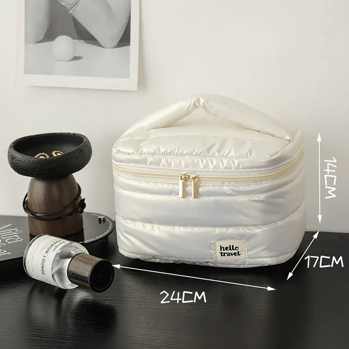 trousse de maquillage puffer, organisateur de voyage, sac de rangement cosmétique léger avec fermeture éclair, trousse de toilette portable pour femmes