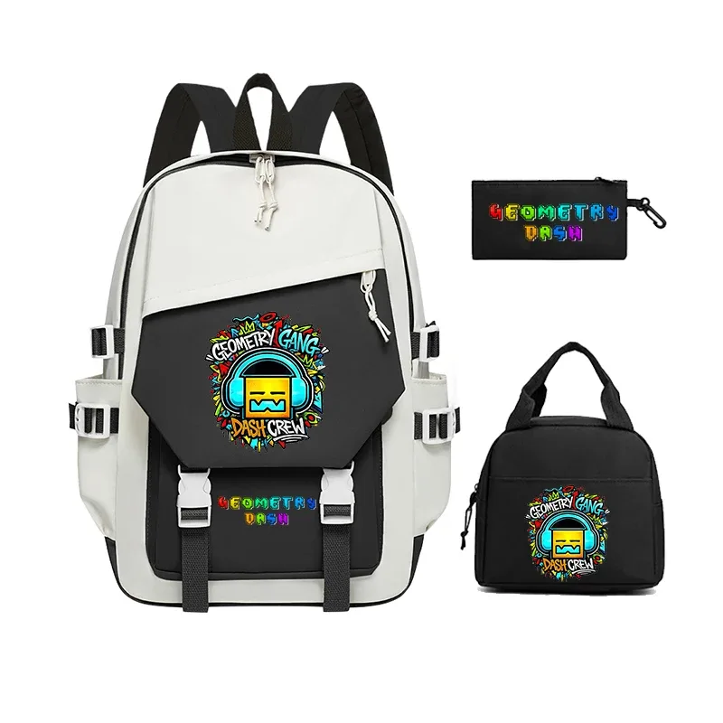 nouveaux sacs à dos geometry dash, ensembles de 3 pièces, sacs d'école pour filles et garçons, sac à dos à fermeture éclair avec dessin animé amusant, sac à dos pour ordinateur portable pour adolescents