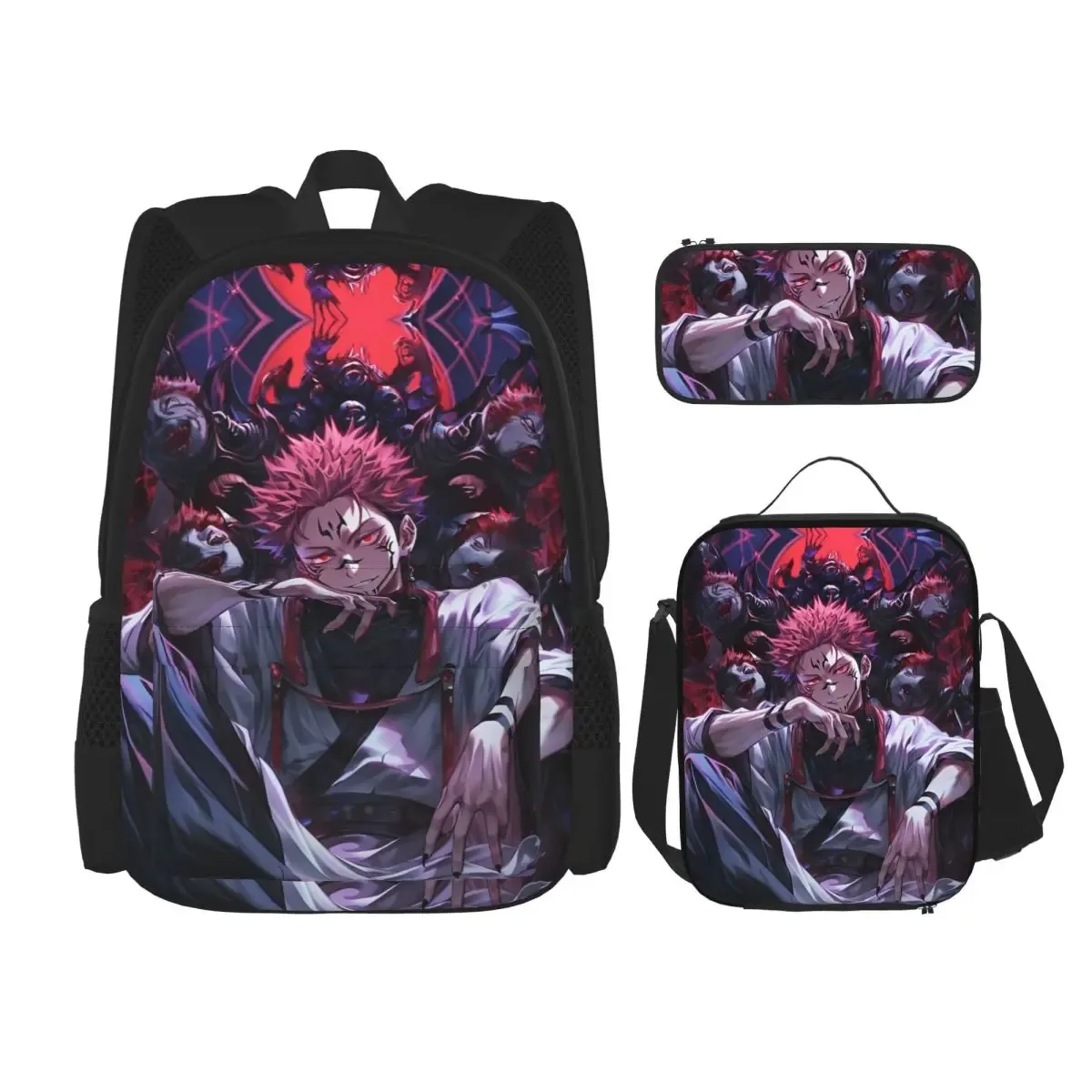 sac dos polyester noir motif animé format grand volume usage étudiant lycéen informatique bandes latérales pochette stylos sac main assorti