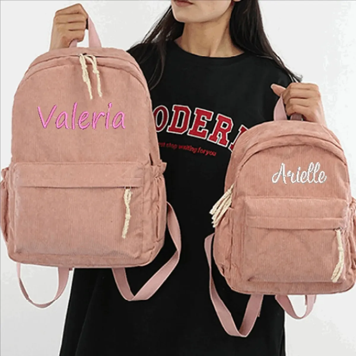 Sac Dos Velours Cotelé Rayures Verticales Bandoulière Arquée Poche Limon Grande Capacité Voyage Décontracté Unisexe Polyester Doublure