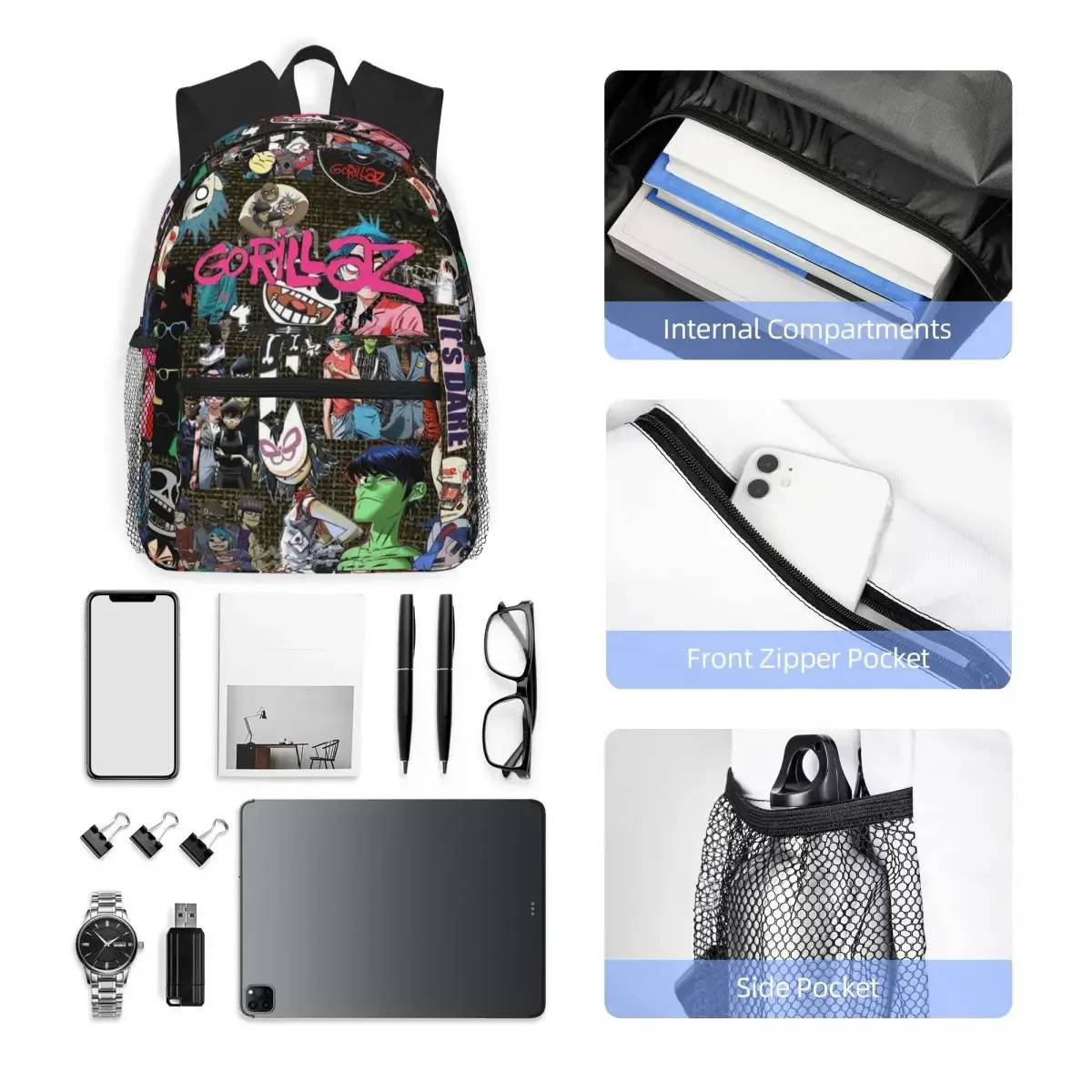 bande de musique gorillaz étudiant sac à dos sac d'école randonnée voyage sac à dos pour garçons filles bookbag sacs à bandoulière