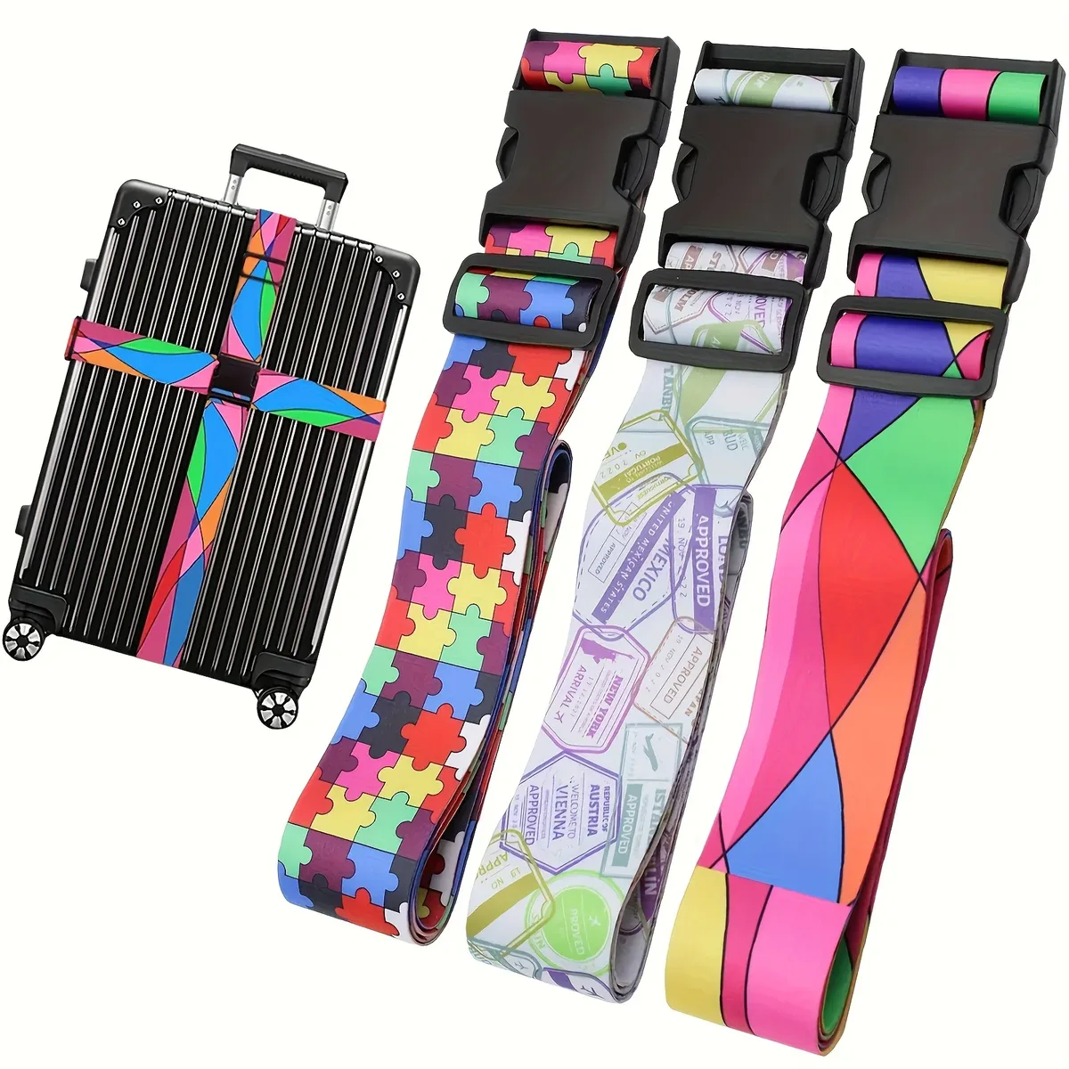Ceinture Bagage Polyester Géométrique Puzzle Noir Timbre Blanc Voyage Fixation Réglable Longueur Cent Quatre Vingt