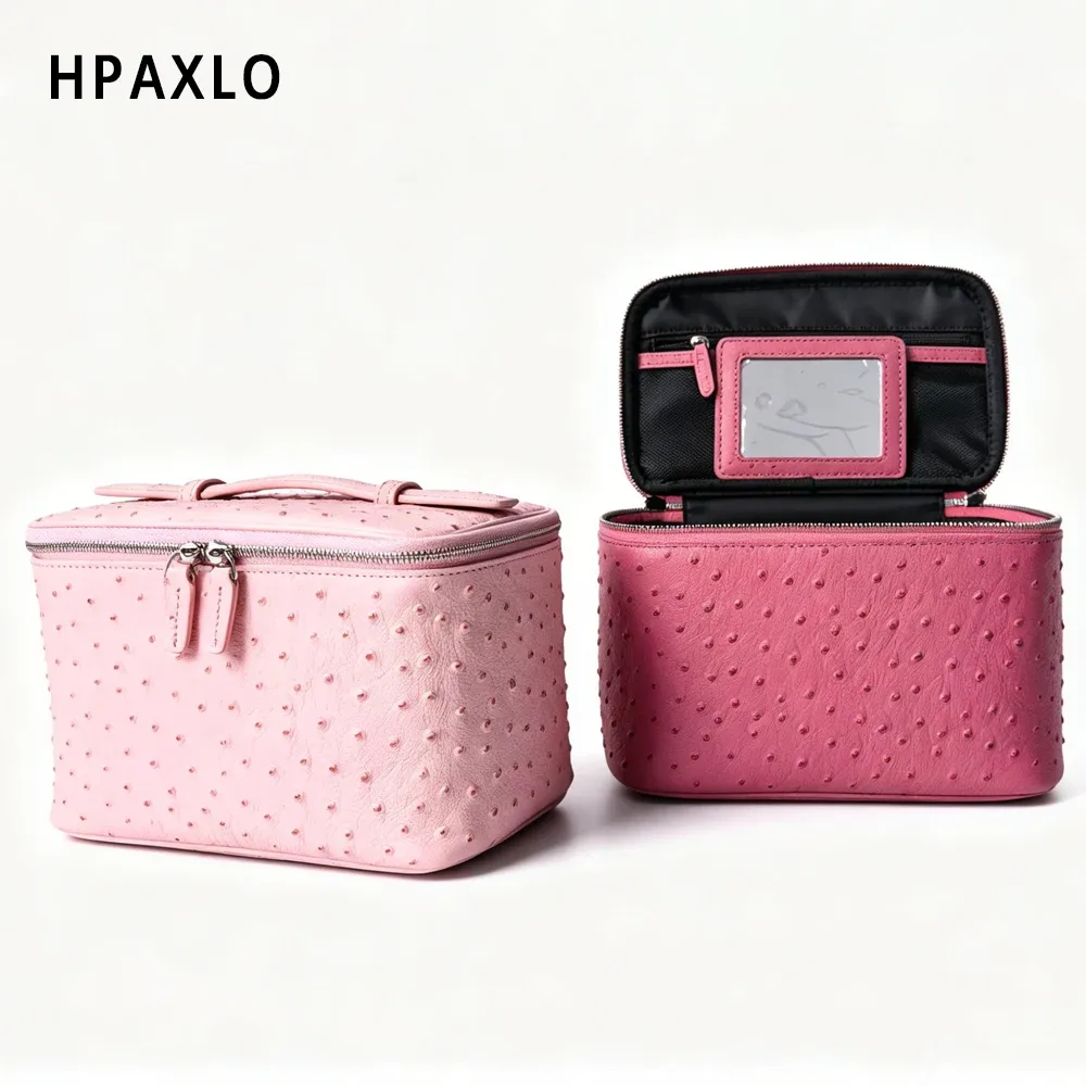 sac de toilette pour femme en cuir véritable à motif d'autruche, sac de voyage carré tendance, organiseur de cosmétiques, grand sac à cosmétiques, sac à main, neuf