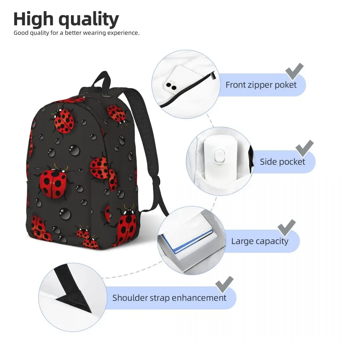sac à dos côté cinelles rouges avec gouttes d'eau, cartable étudiant, sac à dos initié, sac pour ordinateur portable, école