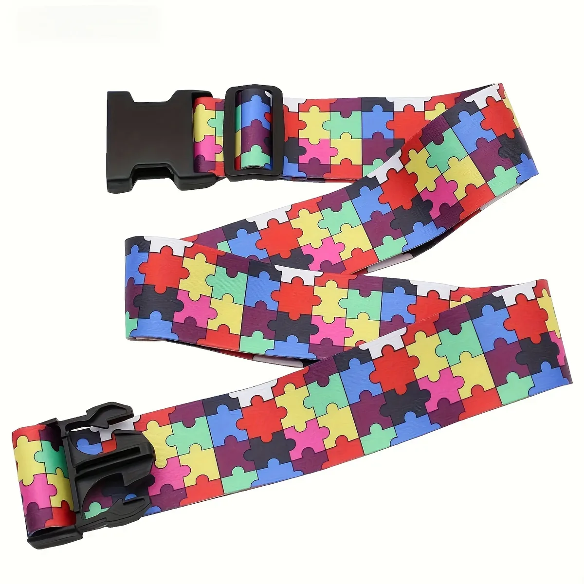 ceinture bagage polyester géométrique puzzle noir timbre blanc voyage fixation réglable longueur cent quatre vingt
