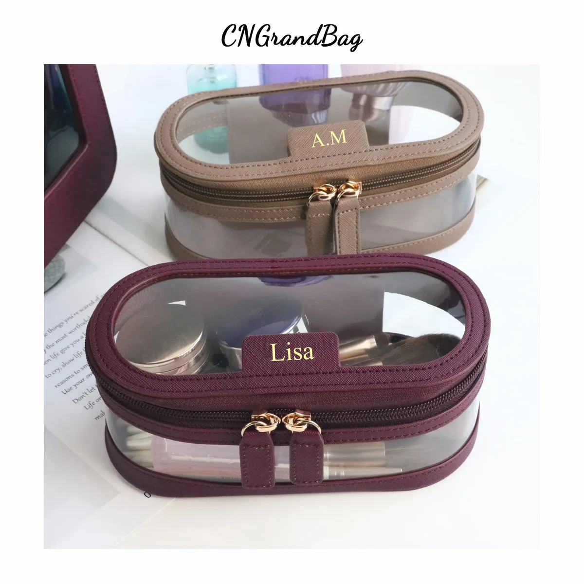 sac pour pinceaux cosmétiques en cuir saffiano avec lettres personnalisées, sac de rangement transparent multifonction de voyage étanche, étui de capacité