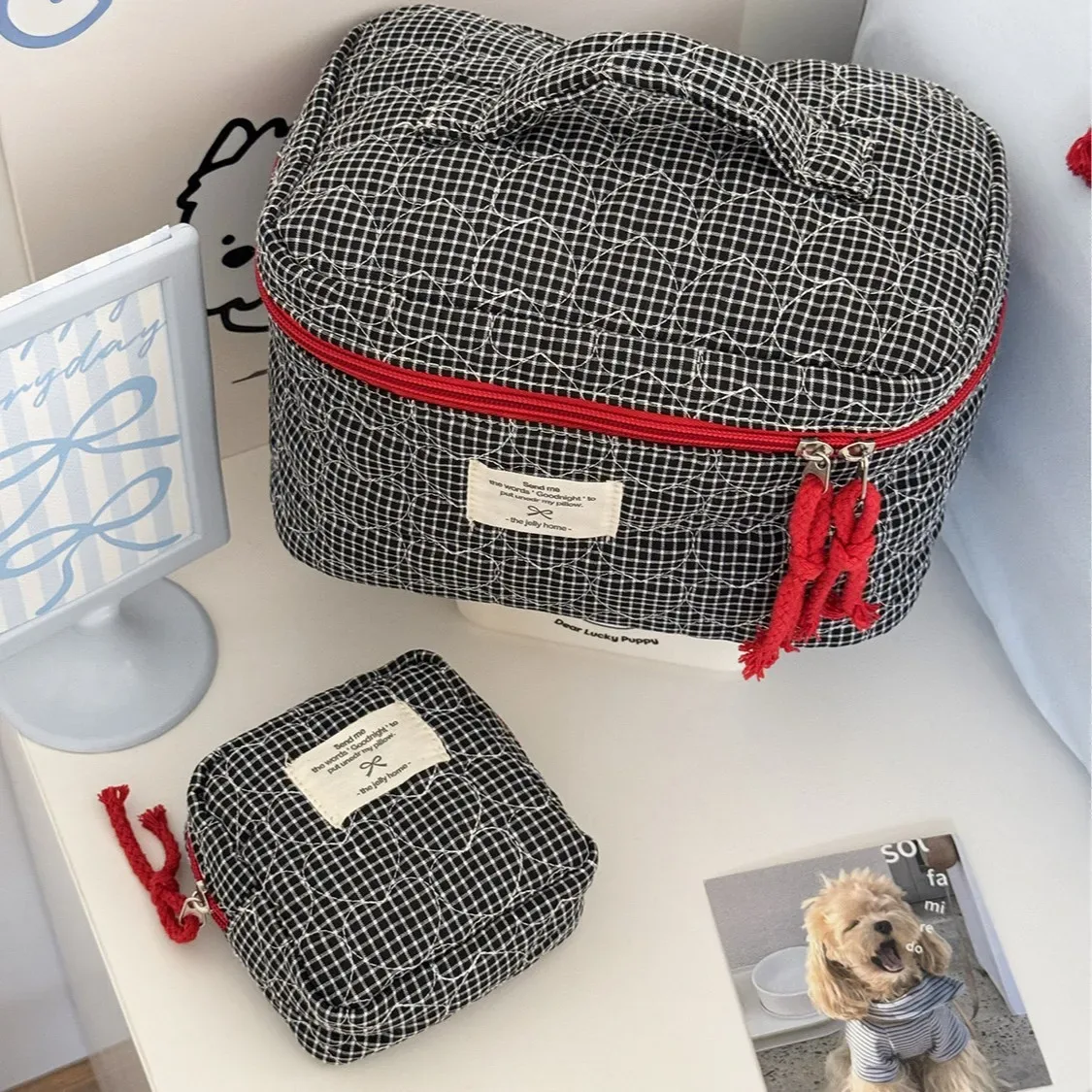 sacs à cosmétiques matelassés à carreaux en forme de cœur pour femmes, trousse de maquillage de grande capacité, sac de rangement de voyage pour dames, sac à main décontracté pour filles, pochette