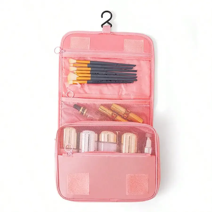 trousse de toilette de voyage de style coréen, trousse de maquillage, trousse à crochet, trousse de rangement multifonctionnelle de grande capacité avec compartiment séparé pour les articles secs et humides.