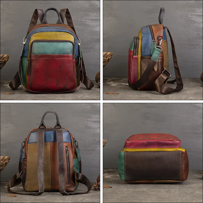 sac à dos patchwork en cuir véritable pour femme, sacs à bandoulière en cuir de vache véritable, fourre-tout de voyage en cuir de vache à la mode