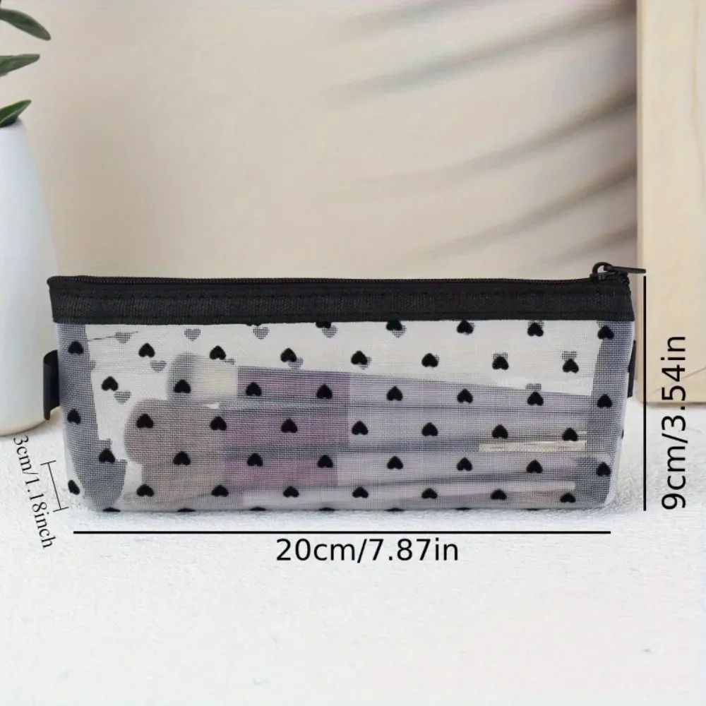 sac à cosmétiques en maille à motif de cœur de grande capacité, sacs de rangement de pinceaux de maquillage de voyage, pochette de rangement de rouge à lèvres, trousse à crayons portable