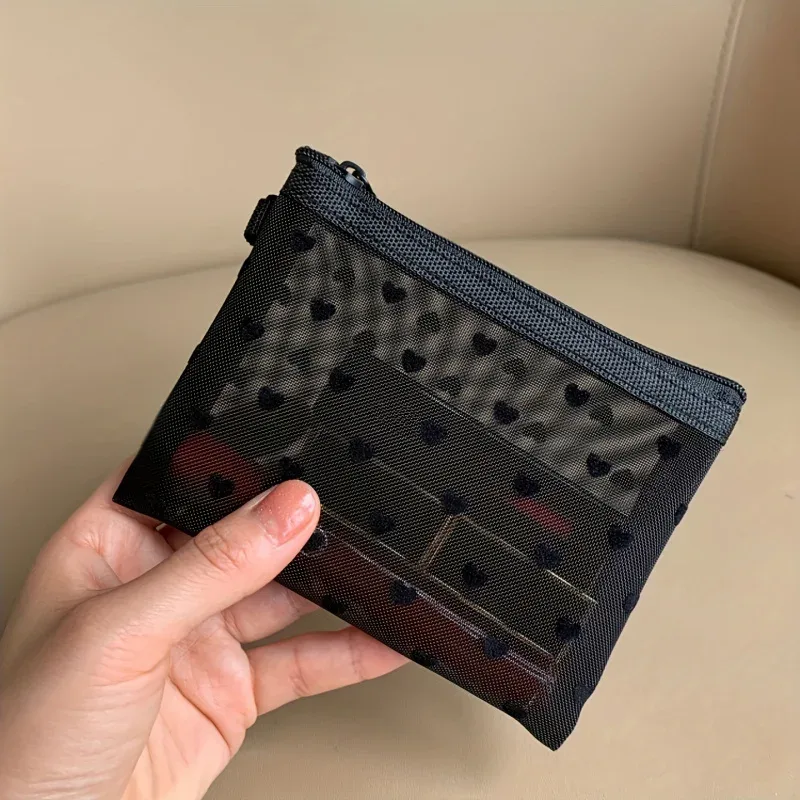 trousse à cosmétiques transparente en forme de cœur, lot de 2, beige et noir, pliable avec porte-rouge à lèvres, organisateur de petits objets portable pour voyage, sac de rangement multifonctionnel