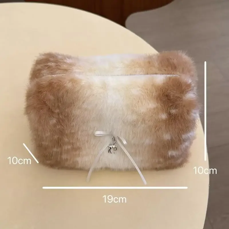sac de rangement cosmétique en peluche douce à imprimé cerf, grande capacité, portable, pour voyage, soins de la peau, trousse de toilette, cadeau de vacances pour femmes