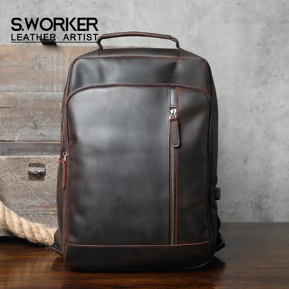 sac à dos vintage en cuir véritable s.worker, sac pour ordinateur portable, sac d'école en cuir crazy-horse, sac de voyage de week-end, sac à bandoulière