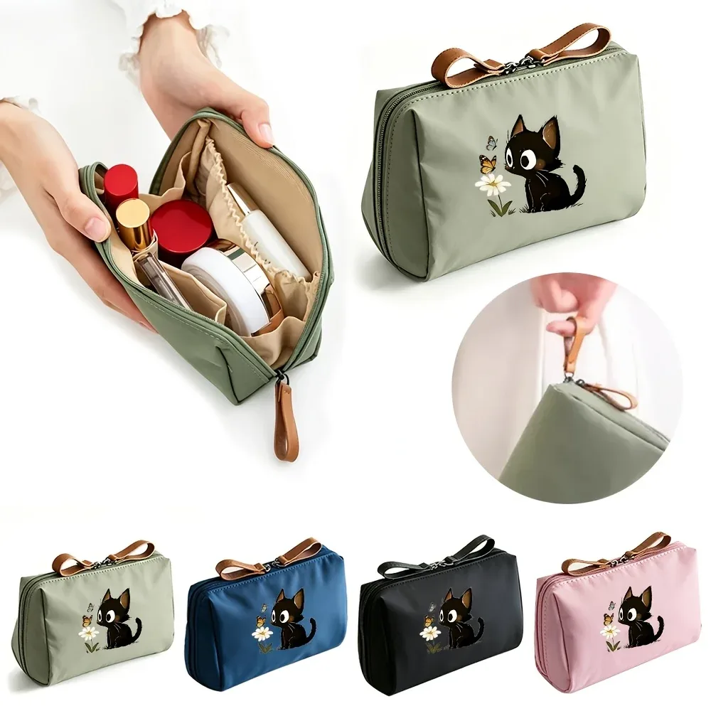 trousse de maquillage portable 2026 chat mignon couleur unie, pochette cosmétique de voyage, organisateur de rangement quotidien pour femme
