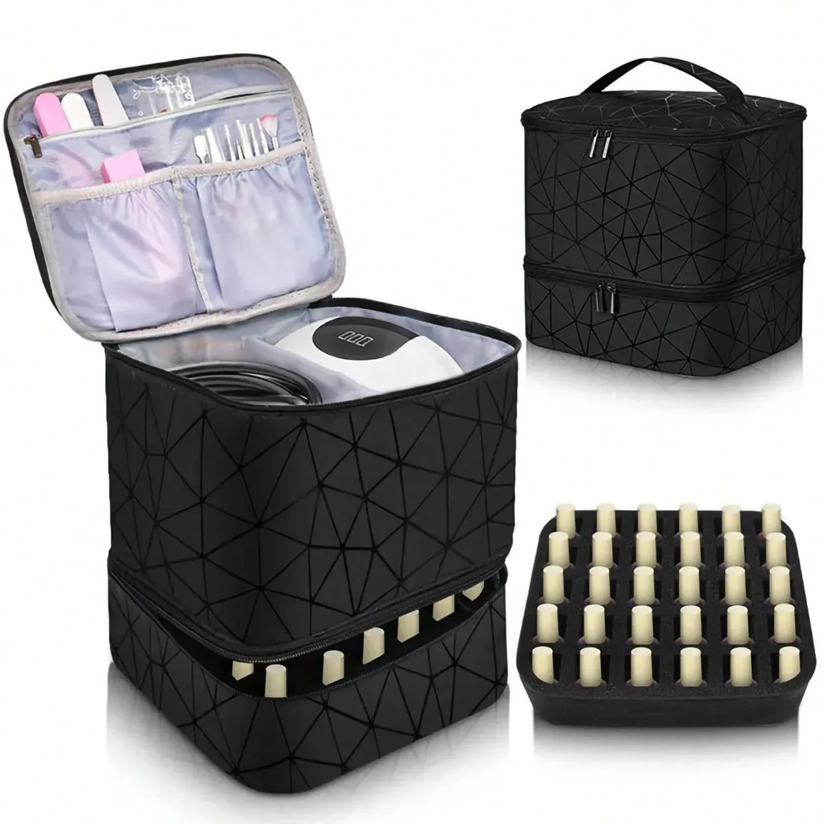 organisateur de vernis à ongles avec lumière uv intégrée, étui de transport double couche pour vernis à ongles, capacité de 30 flacons, sac de rangement, kit de manucure