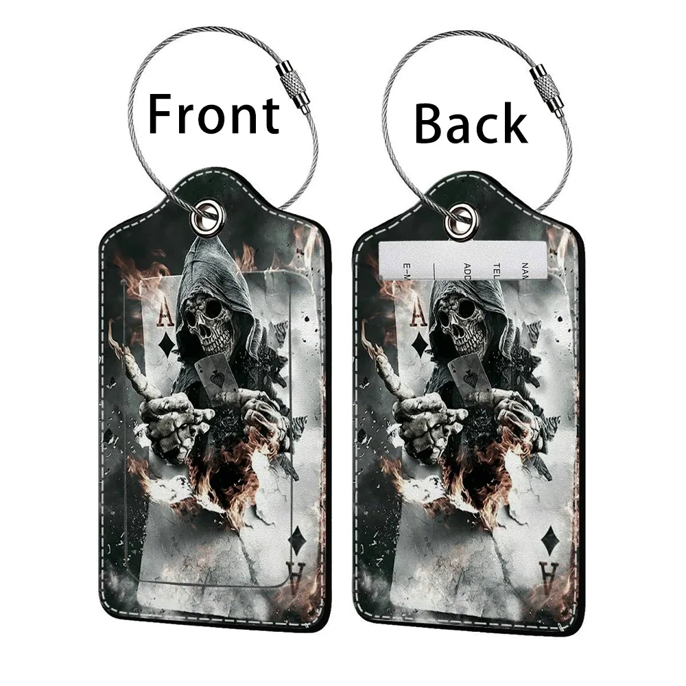 promotion étiquette de bagage en cuir à motif d'horreur, étiquette d'adresse pour valise, étiquette d'embarquement pour bagage, clip pour nom, identifiant et adresse