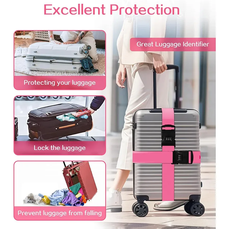 ensemble de 2 sangles de bagages anti-explosion à haute élasticité avec boucle à combinaison à trois chiffres, sangle en nylon résistante à l'usure, étiquette de bagage en silicone anti-perte imprimée avion, adaptées aux valises de 16 à 26 pouces pour le contrôle au port d'entrée de l'aéroport
